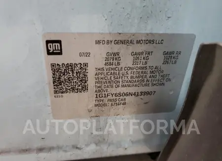 CHEVROLET BOLT EUV L 2022 vin 1G1FY6S06N4133907 from auto auction Copart