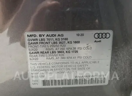 AUDI E-TRON PRE 2021 vin WA1AAAGE8MB010207 from auto auction Copart