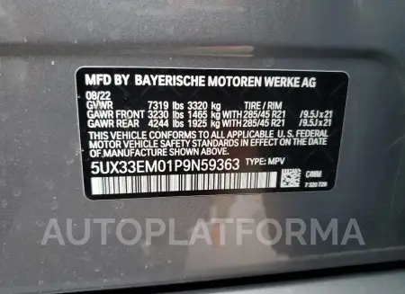 BMW X7 M60I 2023 vin 5UX33EM01P9N59363 from auto auction Copart