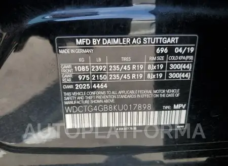 MERCEDES-BENZ GLA 250 4M 2019 vin WDCTG4GB8KU017898 from auto auction Copart