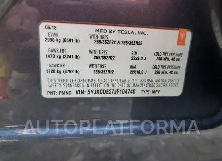 TESLA MODEL X 2018 vin 5YJXCDE27JF104740 from auto auction Copart