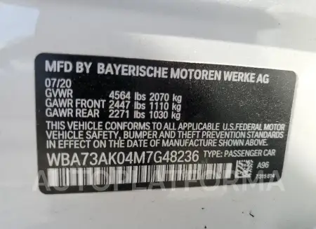 BMW 228XI 2021 vin WBA73AK04M7G48236 from auto auction Copart