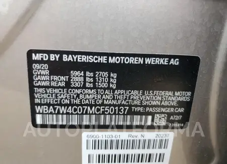 BMW 745XE 2021 vin WBA7W4C07MCF50137 from auto auction Copart