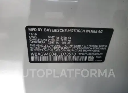 BMW 840XI 2020 vin WBAGV4C04LCD73578 from auto auction Copart