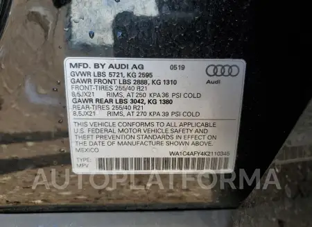 AUDI SQ5 PRESTI 2019 vin WA1C4AFY4K2110345 from auto auction Copart