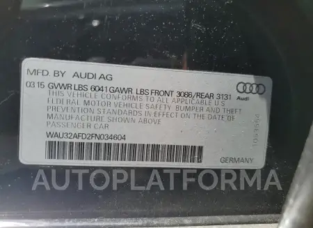 AUDI A8 L QUATT 2015 vin WAU32AFD2FN034604 from auto auction Copart