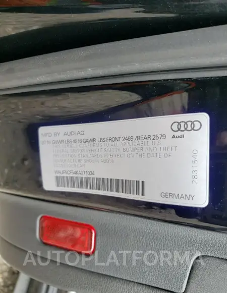 AUDI A5 PRESTIG 2019 vin WAUFNCF54KA071034 from auto auction Copart