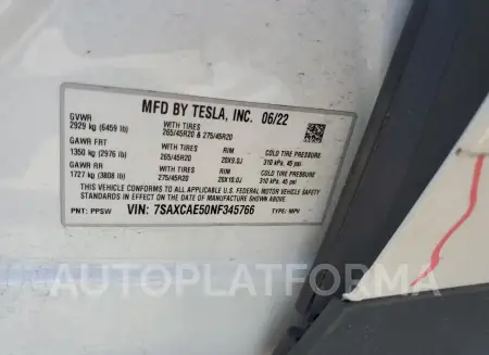 TESLA MODEL X 2022 vin 7SAXCAE50NF345766 from auto auction Copart