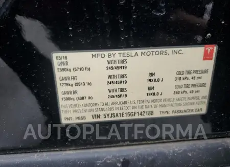 TESLA MODEL S 2016 vin 5YJSA1E15GF142188 from auto auction Copart