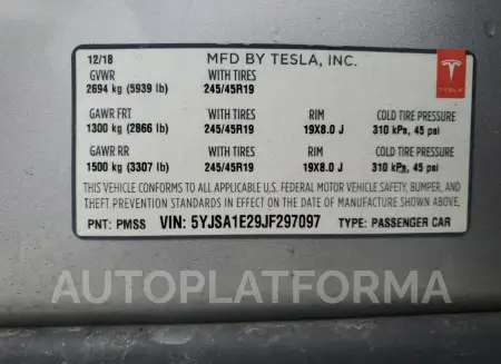 TESLA MODEL S 2018 vin 5YJSA1E29JF297097 from auto auction Copart