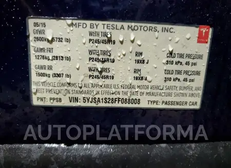 TESLA MODEL S 70 2015 vin 5YJSA1S28FF088008 from auto auction Copart