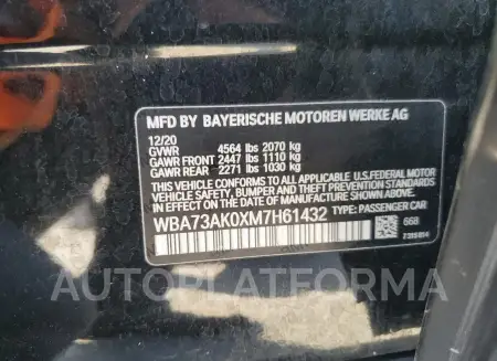 BMW 228XI 2021 vin WBA73AK0XM7H61432 from auto auction Copart