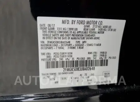 FORD FLEX LIMIT 2018 vin 2FMGK5D83JBA02648 from auto auction Copart