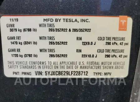 TESLA MODEL X 2020 vin 5YJXCBE29LF228712 from auto auction Copart