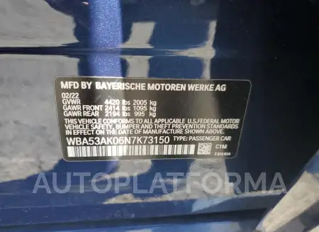 BMW 228I 2022 vin WBA53AK06N7K73150 from auto auction Copart