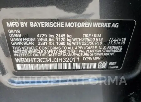 BMW X1 XDRIVE2 2018 vin WBXHT3C34J3H32011 from auto auction Copart