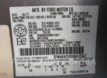 FORD FLEX LIMIT 2017 vin 2FMHK6DT0HBA12367 from auto auction Copart