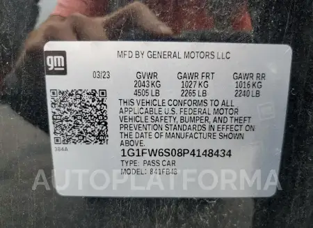 CHEVROLET BOLT EV 1L 2023 vin 1G1FW6S08P4148434 from auto auction Copart