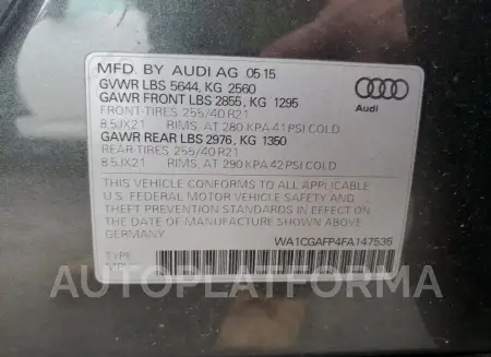 AUDI SQ5 PREMIU 2015 vin WA1CGAFP4FA147535 from auto auction Copart