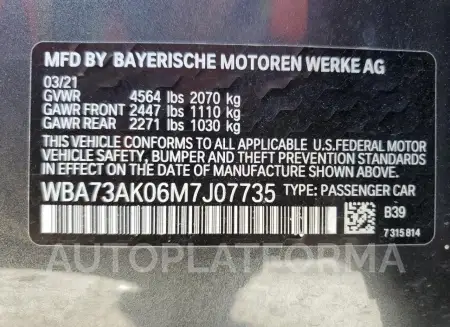 BMW 228XI 2021 vin WBA73AK06M7J07735 from auto auction Copart