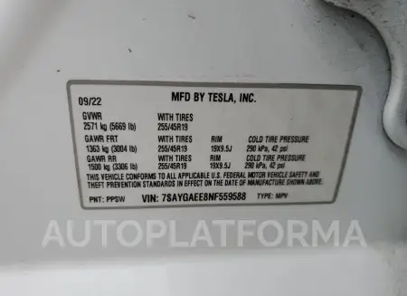 TESLA MODEL Y 2022 vin 7SAYGAEE8NF559588 from auto auction Copart