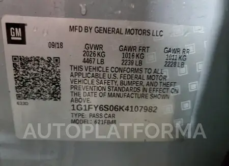 CHEVROLET BOLT EV LT 2019 vin 1G1FY6S06K4107982 from auto auction Copart