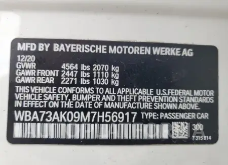 BMW 228XI 2021 vin WBA73AK09M7H56917 from auto auction Copart