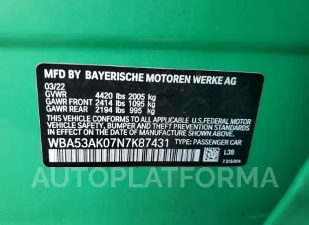 BMW 228I 2022 vin WBA53AK07N7K87431 from auto auction Copart