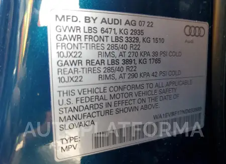 AUDI Q8 PREMIUM 2022 vin WA1EVBF17ND033588 from auto auction Copart