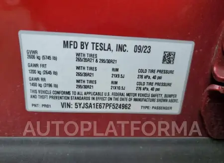 TESLA MODEL S 2023 vin 5YJSA1E67PF524962 from auto auction Copart