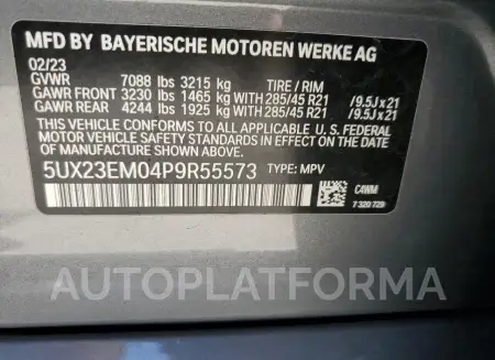 BMW X7 XDRIVE4 2023 vin 5UX23EM04P9R55573 from auto auction Copart