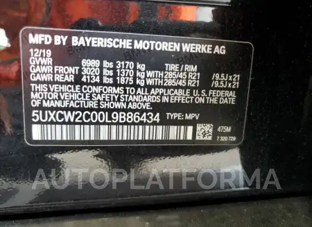 BMW X7 XDRIVE4 2020 vin 5UXCW2C00L9B86434 from auto auction Copart