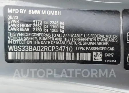 BMW M4 COMPETI 2024 vin WBS33BA02RCP34710 from auto auction Copart