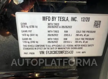 TESLA MODEL X 2021 vin 5YJXCBE20MF325430 from auto auction Copart