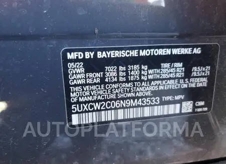 BMW X7 XDRIVE4 2022 vin 5UXCW2C06N9M43533 from auto auction Copart