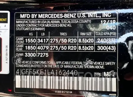 MERCEDES-BENZ GLS 450 4M 2020 vin 4JGFF5KE1LA162440 from auto auction Copart