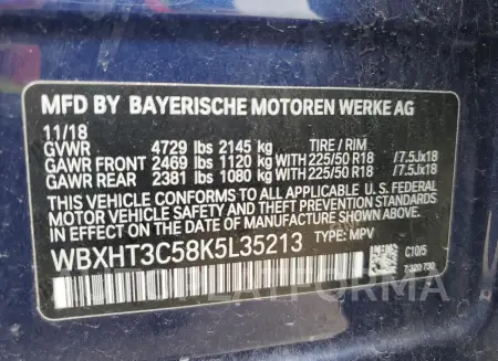 BMW X1 XDRIVE2 2019 vin WBXHT3C58K5L35213 from auto auction Copart