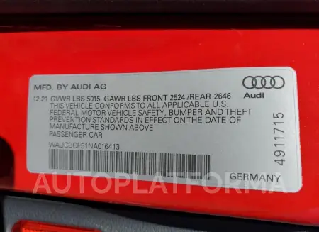 AUDI A5 PREMIUM 2022 vin WAUCBCF51NA016413 from auto auction Copart