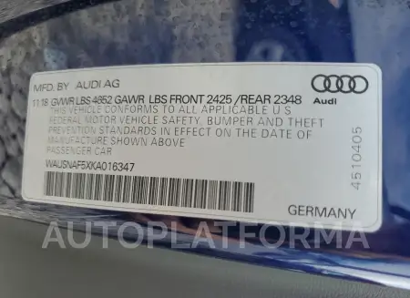 AUDI A5 PREMIUM 2019 vin WAUSNAF5XKA016347 from auto auction Copart