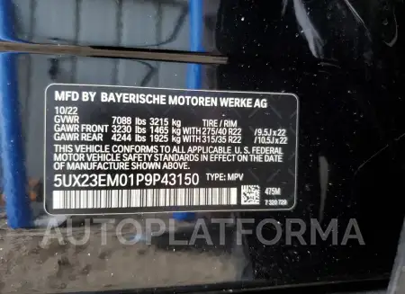 BMW X7 XDRIVE4 2023 vin 5UX23EM01P9P43150 from auto auction Copart