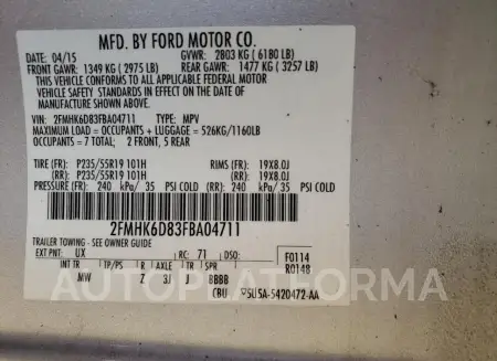 FORD FLEX LIMIT 2015 vin 2FMHK6D83FBA04711 from auto auction Copart