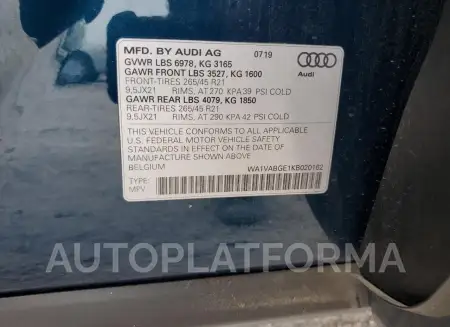 AUDI E-TRON PRE 2019 vin WA1VABGE1KB020162 from auto auction Copart