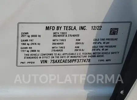 TESLA MODEL X 2023 vin 7SAXCAE58PF377478 from auto auction Copart