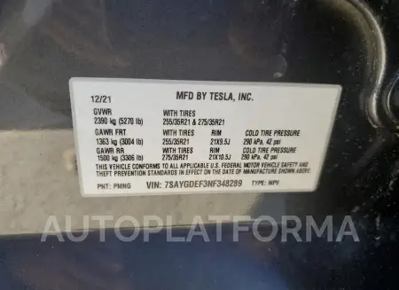 TESLA MODEL Y 2022 vin 7SAYGDEF3NF348289 from auto auction Copart