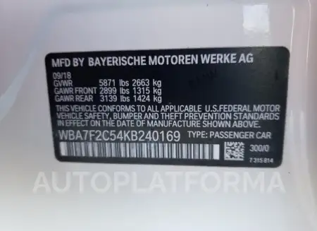 BMW 750 I 2019 vin WBA7F2C54KB240169 from auto auction Copart