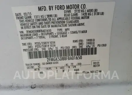 FORD FLEX LIMIT 2015 vin 2FMGK5D88FBA01650 from auto auction Copart