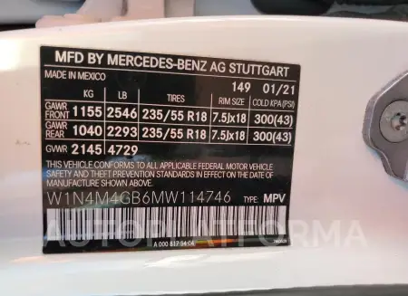 MERCEDES-BENZ GLB 250 2021 vin W1N4M4GB6MW114746 from auto auction Copart