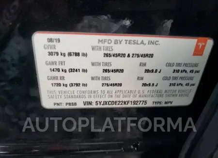 TESLA MODEL X 2019 vin 5YJXCDE22KF192775 from auto auction Copart