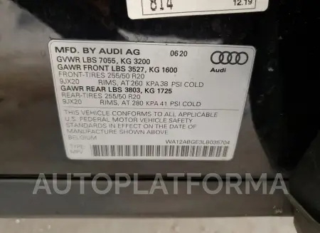 AUDI E-TRON SPO 2020 vin WA12ABGE3LB035704 from auto auction Copart