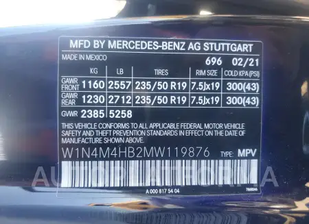 MERCEDES-BENZ GLB 250 4M 2021 vin W1N4M4HB2MW119876 from auto auction Copart